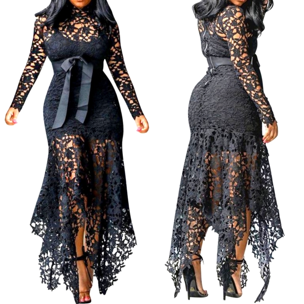Long Sleeve Chiffon Belt Irregular Hem Hollow Lace Sexy Bodycon Long Dress
